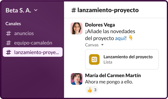 Aplicación de Slack donde se muestra un canal seleccionado con chats