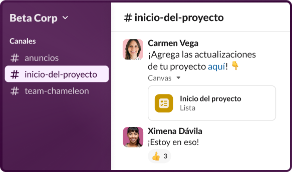 La aplicación de Slack donde se muestra un canal seleccionado con conversaciones