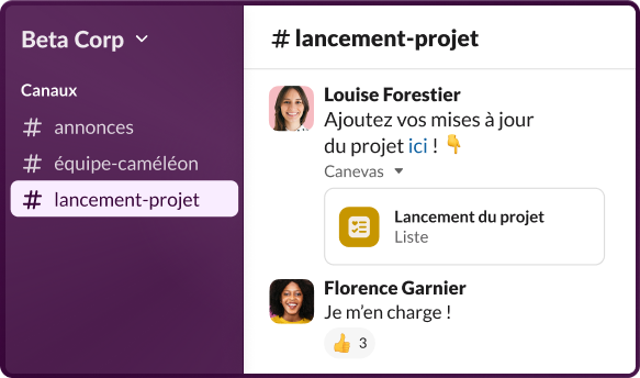 L’application Slack affichant un canal sélectionné avec des chats