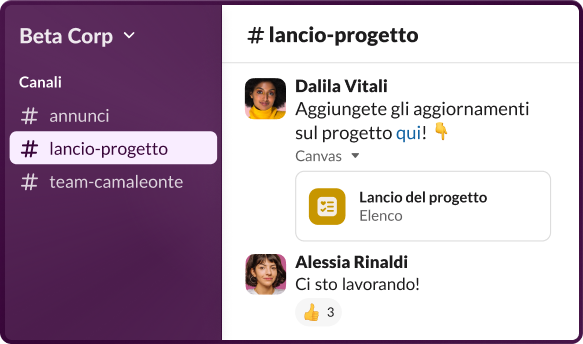 Applicazione Slack che mostra un canale selezionato con chat