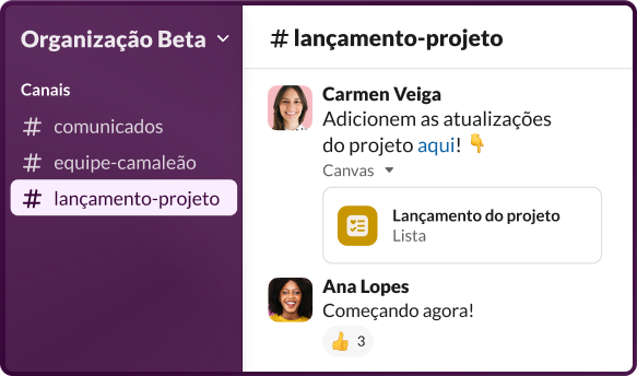 App do Slack mostrando um canal selecionado com chats