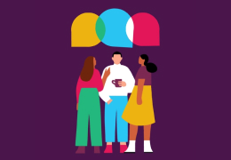 Co-workers talking with chat bubbles above them.