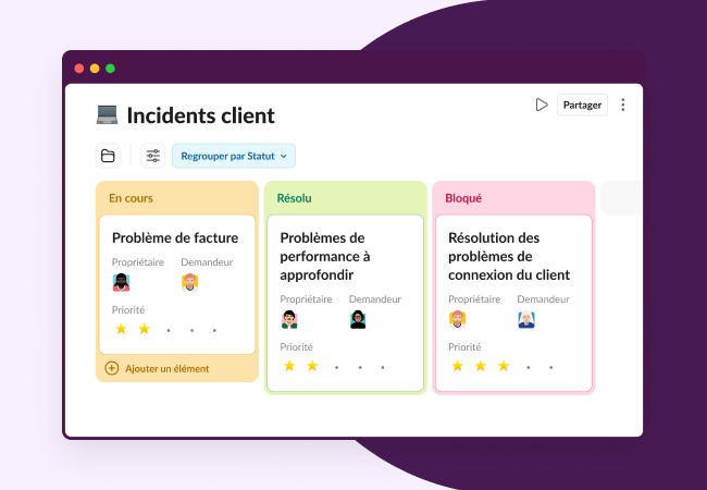 Liste des incidents clients pour les équipes du service clientèle.