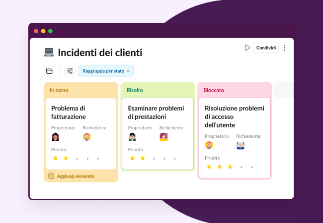 Elenco degli incidenti dei clienti per i team dell’assistenza clienti.