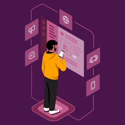 Un utente di un dispositivo mobile guarda un'applicazione circondato da icone di Slack.