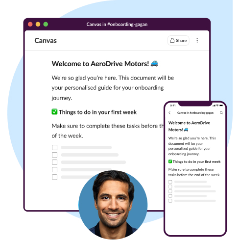 Slack UI animation: A canvas for new hires with detailed step-by-step items for them to complete.