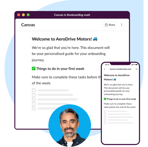 Slack UI animation: A canvas for new hires with detailed step-by-step items for them to complete.