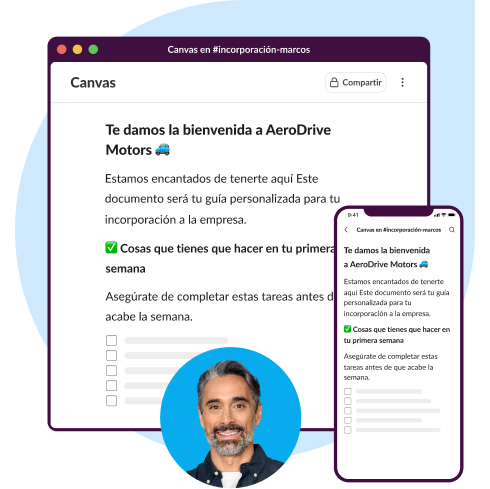 Animación de la interfaz de Slack: un canvas para nuevas contrataciones con los pasos detallados que deben seguir.