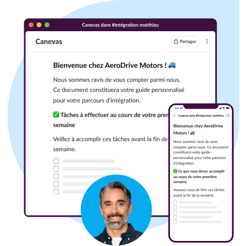 Animation de l’IU Slack : canevas pour les nouvelles recrues, avec les étapes détaillées à suivre.