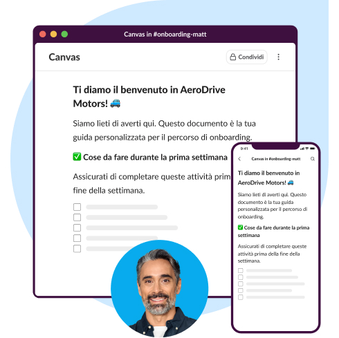 Animazione interfaccia utente di Slack: un canvas per le nuove assunzioni con istruzioni dettagliate e attività da completare.