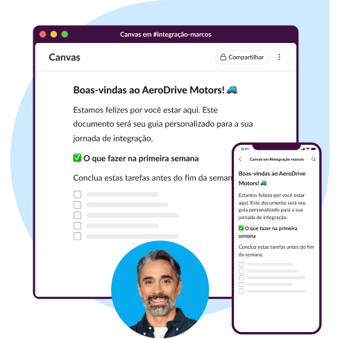 Animação da interface do usuário do Slack: um canvas para novos funcionários que contém um passo a passo detalhado das ações que eles devem realizar.