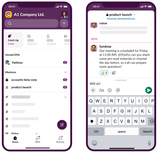 Slack UI animation: Spend, sales and conversion rate are shared in Slack channel. Marketers react to insights and adjust ad spend.