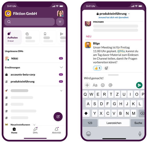 Slack-UI-Animation: Ausgaben, Umsätze und Konversionsraten werden im Slack-Channel geteilt. Marketingfachleute reagieren auf die Erkenntnisse und passen die Werbeausgaben an.