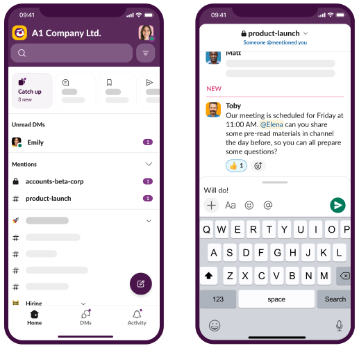 Slack UI animation: Spend, sales and conversion rate are shared in Slack channel. Marketers react to insights and adjust ad spend.