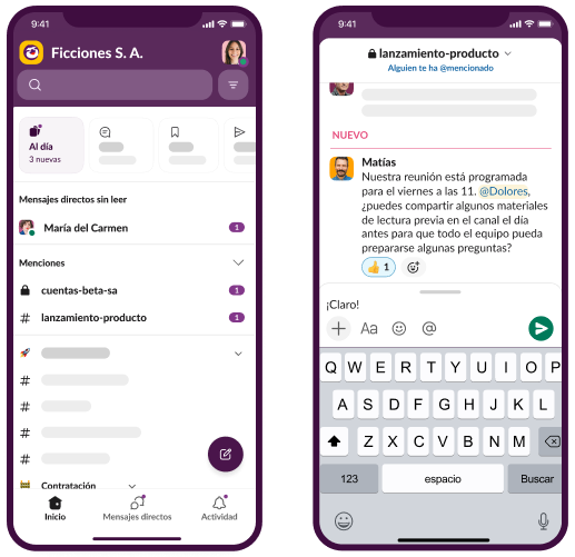 Animación de la IU de Slack: los gastos, ventas y tipos de cambio se comparten en un canal de Slack. Los profesionales de marketing reaccionan a los datos y ajustan el gasto en publicidad.