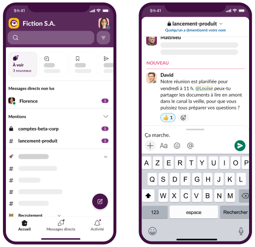 Animation de l’interface utilisateur de Slack : Les dépenses, les ventes et le taux de conversion sont partagés dans le canal Slack. Les responsables du marketing tiennent compte de ces informations et ajustent les budgets consacrés à la publicité.