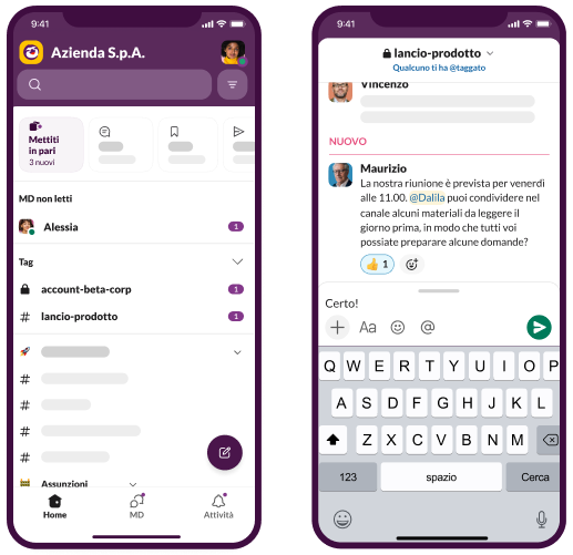 Animazione interfaccia utente di Slack: spese, vendite e tasso di conversione sono condivisi in un canale di Slack. Gli addetti al marketing reagiscono alle informazioni dettagliate e adattano le spese pubblicitarie.