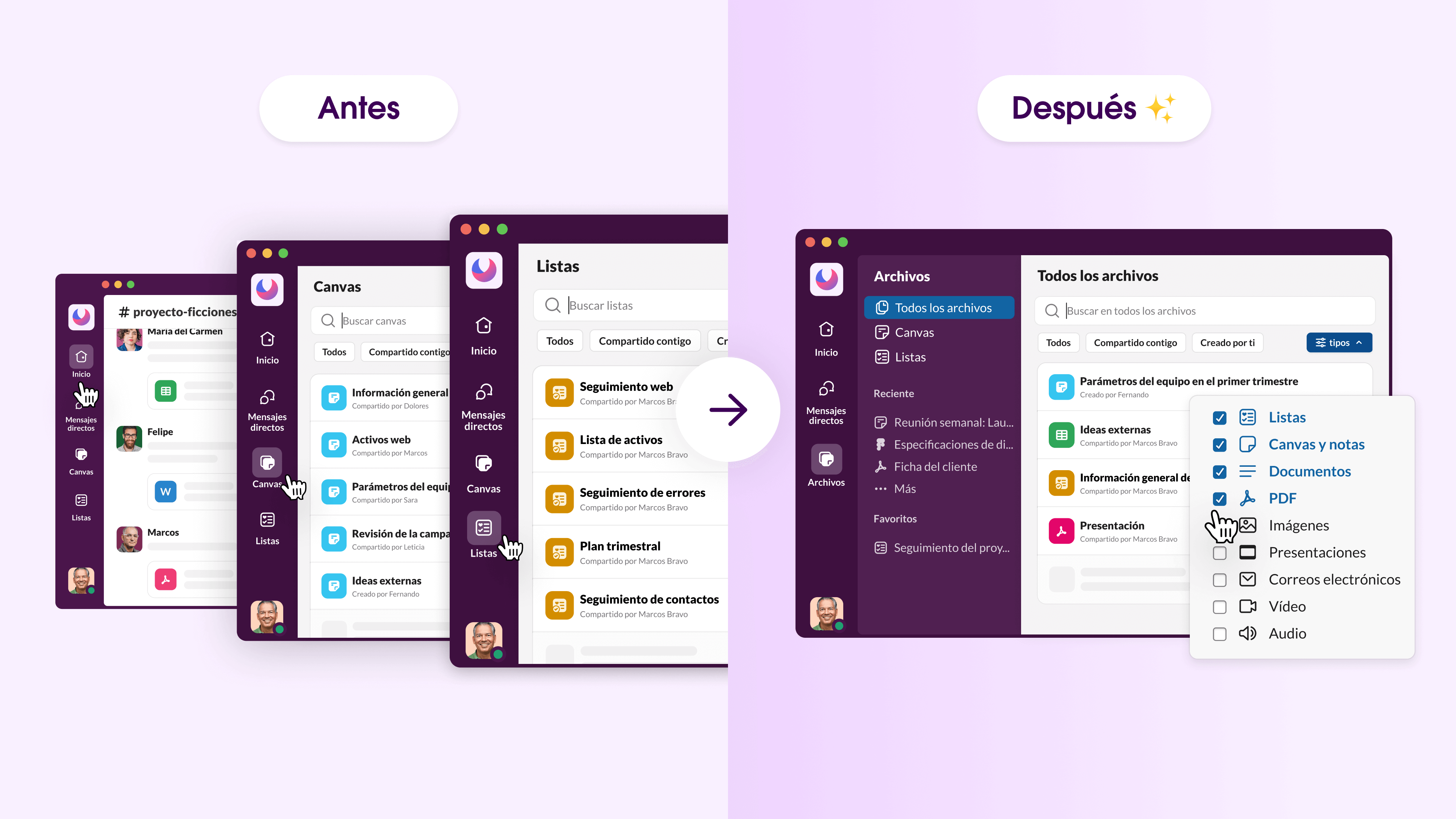 Imagen que muestra cómo los usuarios pueden encontrar todos sus archivos en un solo sitio en lugar de tener varias ventanas abiertas.