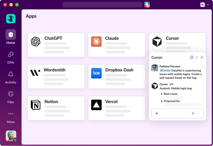 A Slack window open with multiple application integrations shown on the screen.