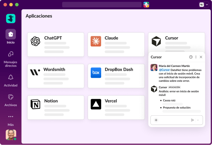 Una ventana de Slack abierta con varias integraciones de aplicaciones en la pantalla.
