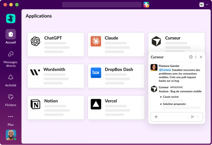 Une fenêtre Slack ouverte avec plusieurs intégrations d’applications affichées à l’écran.