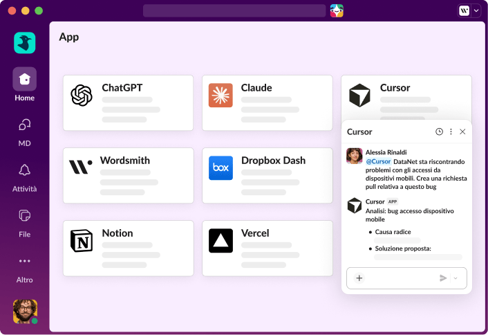 Una finestra Slack aperta con diverse integrazioni di applicazioni mostrate sullo schermo.