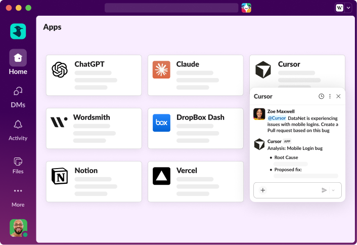 A Slack window open with multiple application integrations shown on the screen.