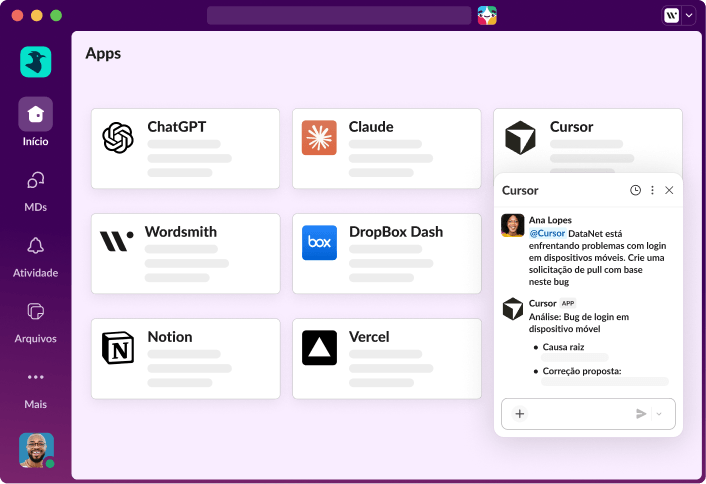 Uma janela do Slack aberta, com várias integrações de apps exibidas na tela.