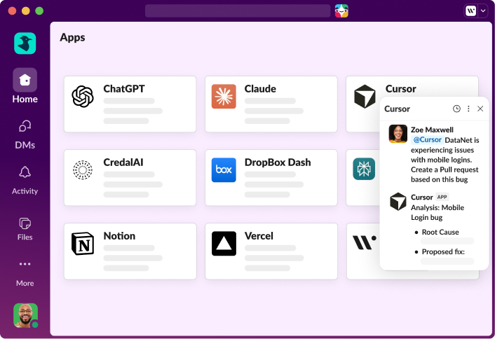 A Slack window open with multiple application integrations shown on the screen.