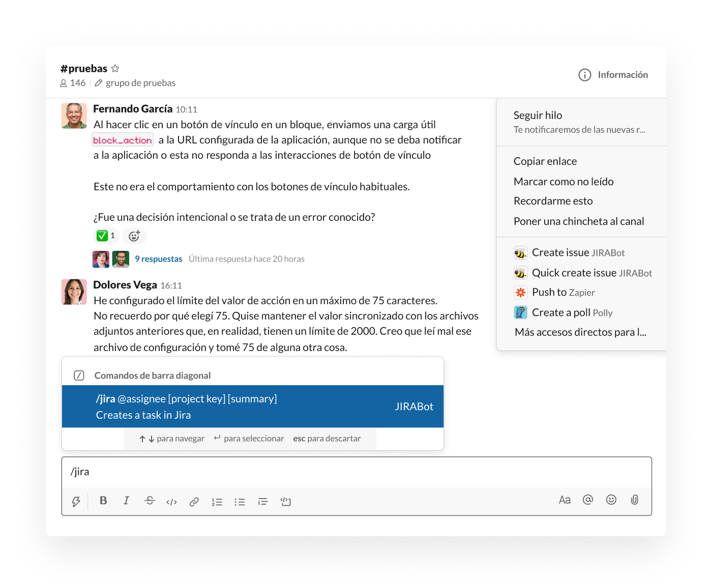 Comando de barra diagonal de Jira en Slack