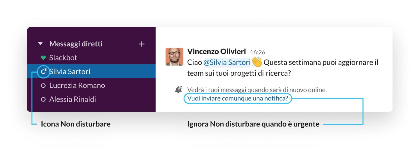 When a Slack user messages a teammate who has Do Not Disturb set to on, they're told the recipient is away and will the message upon their return