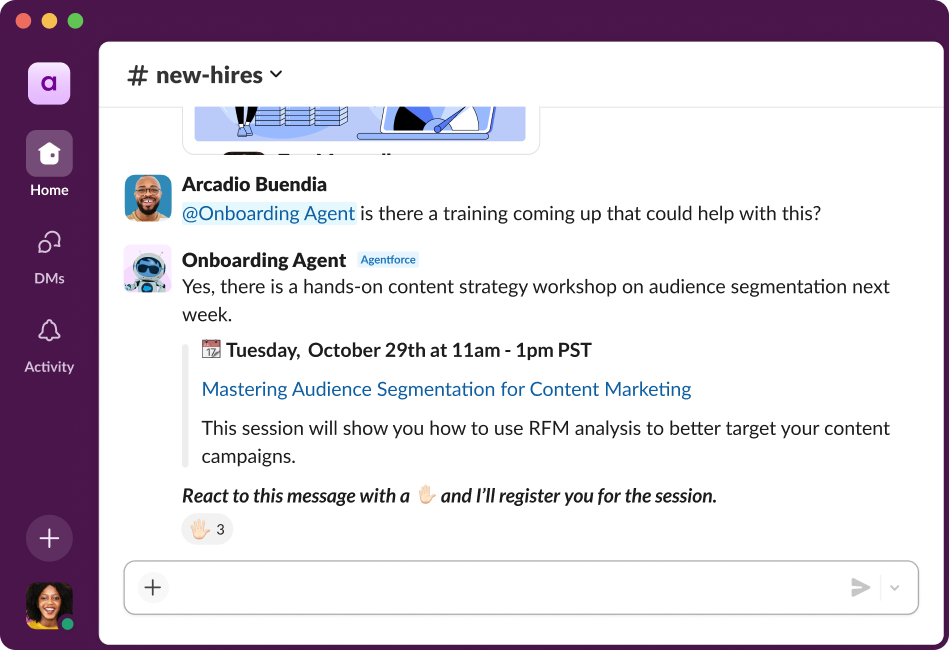 Agentforce がチャンネル内でメンションされている様子を示す Slack のスクリーンショット。