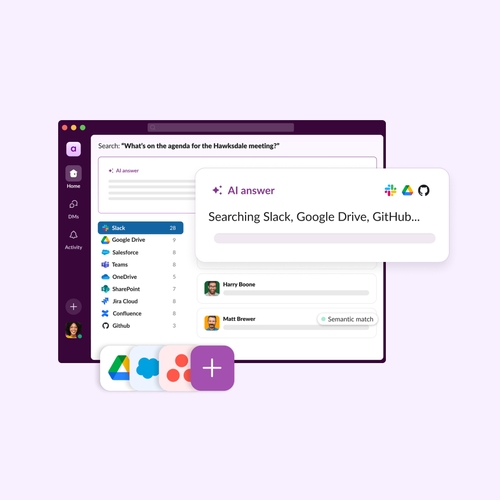 Slack UI with icons of integrated apps like Google, Asana, Microsoft