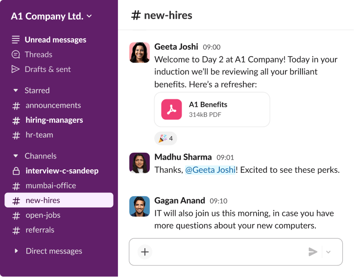 A Slack new-hires channel displaying an orientation welcome message with an attached PDF file for company health benefits.