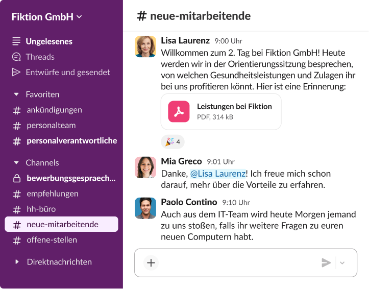 Ein Slack-Channel namens „neue-mitarbeitende“ mit einer Begrüßungsnachricht, an die eine PDF-Datei mit Gesundheitsleistungen des Unternehmens angehängt ist.