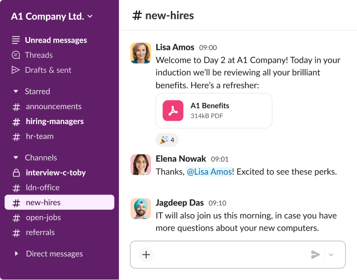 A Slack new-hires channel displaying an orientation welcome message with an attached PDF file for company health benefits.