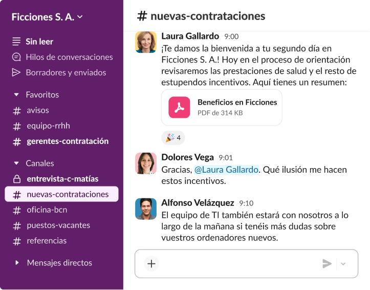 Un canal llamado nuevas-contrataciones de Slack que muestra un mensaje de bienvenida introductorio con un archivo PDF adjunto sobre los complementos sanitarios de la empresa.