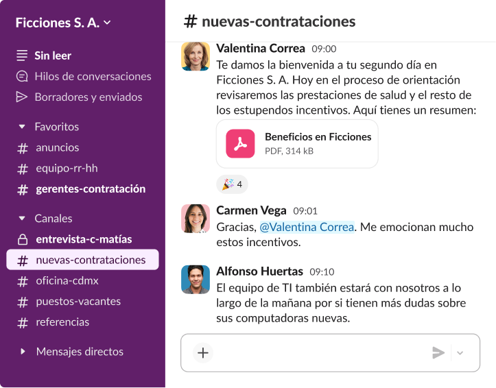 Un canal de Slack de #nuevas-contrataciones que muestra un mensaje de bienvenida de orientación con un archivo PDF adjunto acerca de los beneficios de la empresa relacionados con la salud.