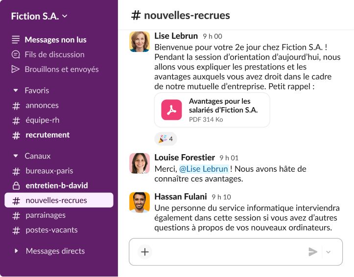 Un canal Slack nouvelles-recrues qui affiche un message de bienvenue, accompagné d’un fichier PDF qui répertorie les avantages de santé de l’entreprise.