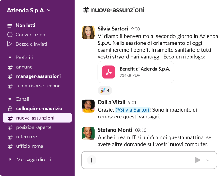 Un canale Slack dedicato ai nuovi assunti che mostra un messaggio di benvenuto di orientamento con allegato un file PDF relativo alle prestazioni sanitarie aziendali.