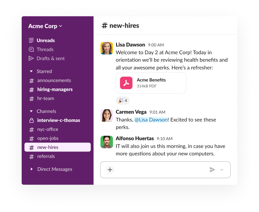 A Slack new-hires channel displaying an orientation welcome message with an attached PDF file for company health benefits.