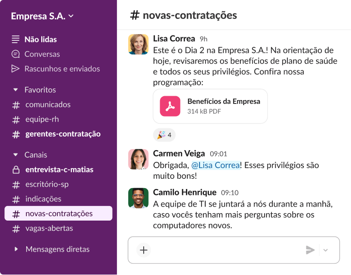 Canal do Slack “novas-contratações” exibindo uma mensagem de boas-vindas de integração com um arquivo PDF anexado sobre os benefícios de saúde da empresa.