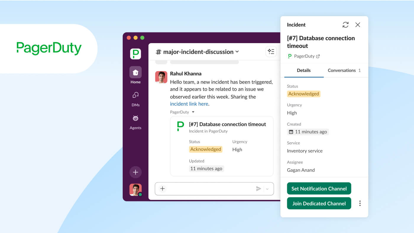 Image of the Slack user interface showing the PagerDuty work objects integration