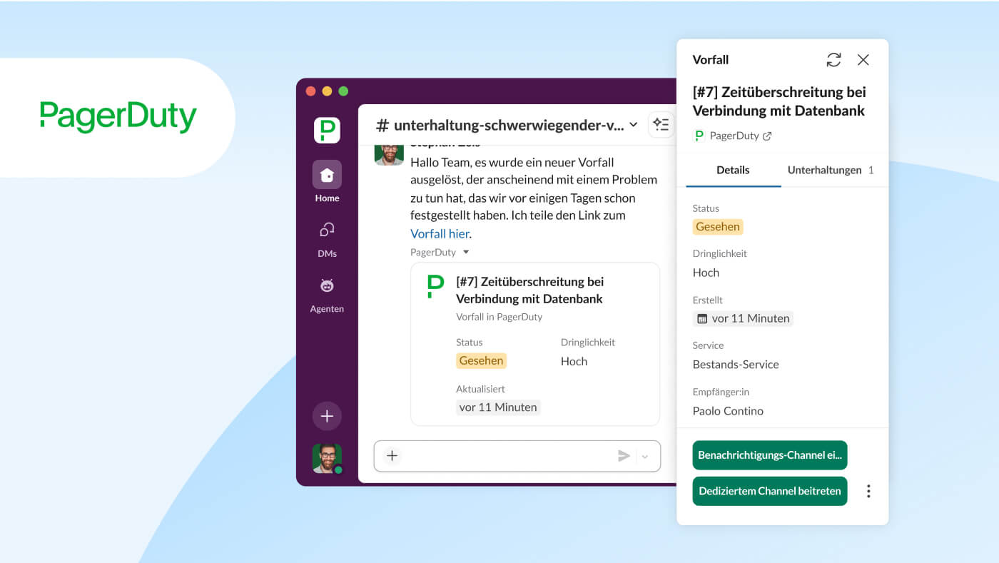 Abbildung der Slack-Benutzeroberfläche mit der Integration der PagerDuty-Arbeitsobjekte