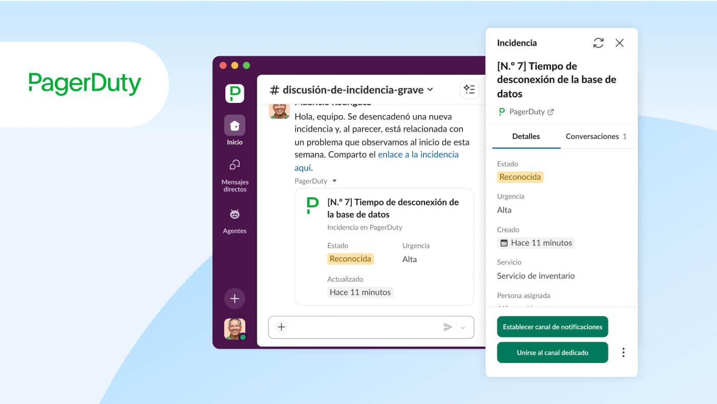 Imagen de la UI de Slack en la que se muestra la integración de objetos de trabajo con PagerDuty