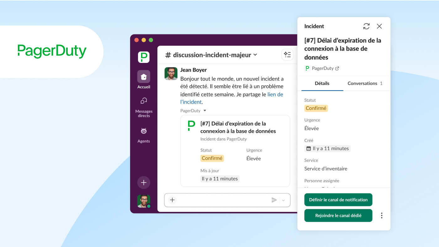 Image de l’interface utilisateur Slack montrant l’intégration PagerDuty avec les objets de travail