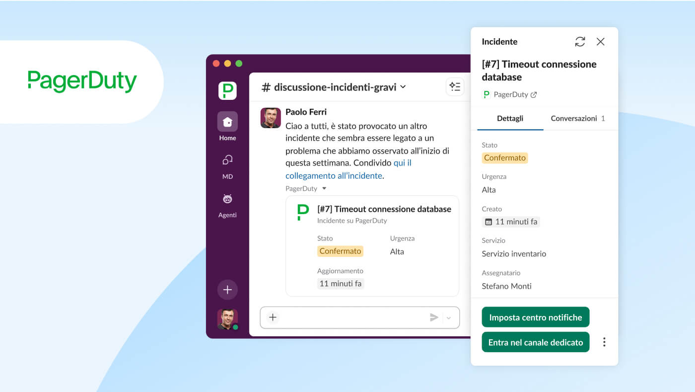Immagine dell'interfaccia utente di Slack che mostra l'integrazione PagerDuty degli oggetti di lavoro