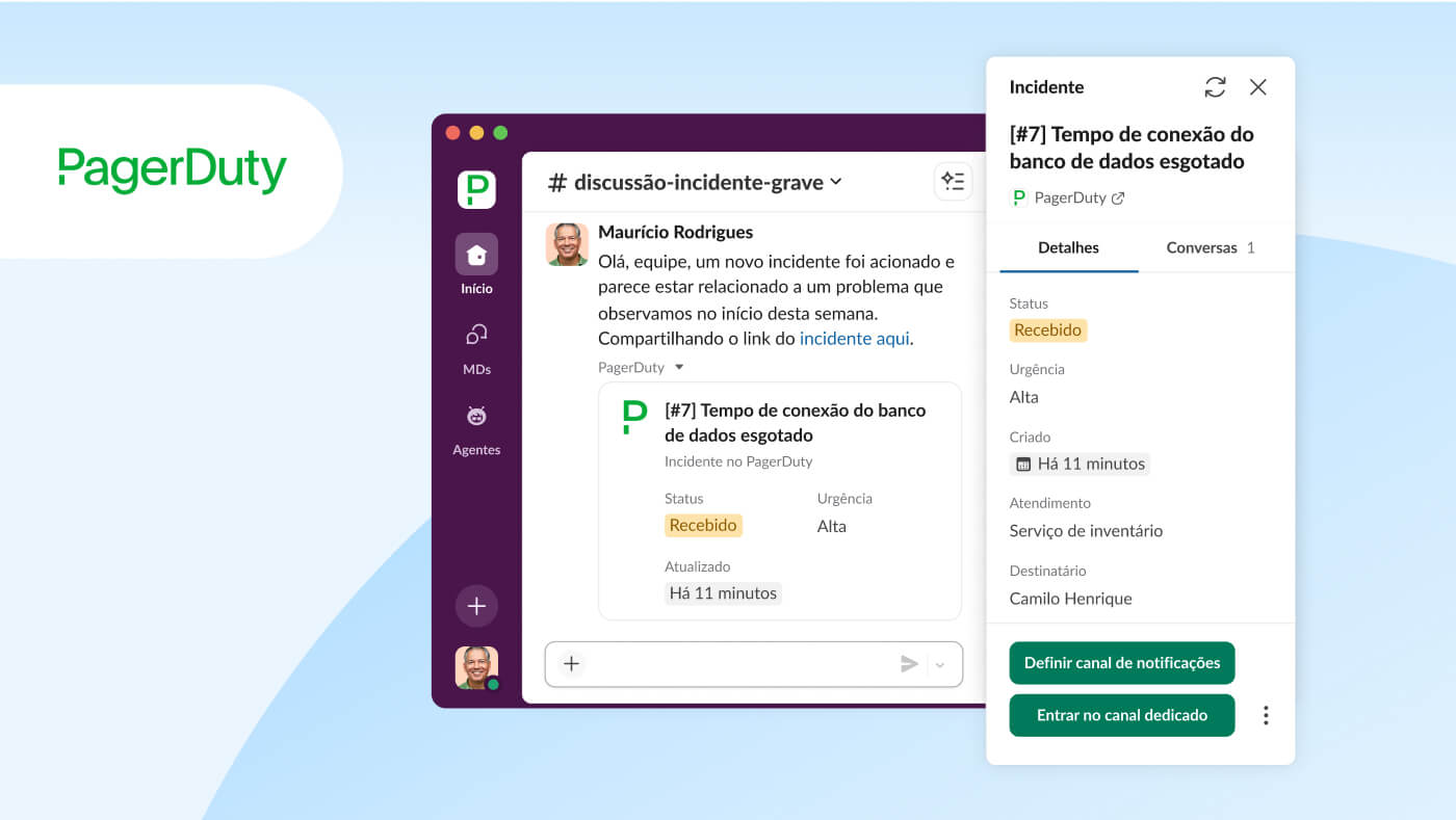 Imagem da interface do usuário do Slack mostrando a integração com objetos de trabalho do PagerDuty