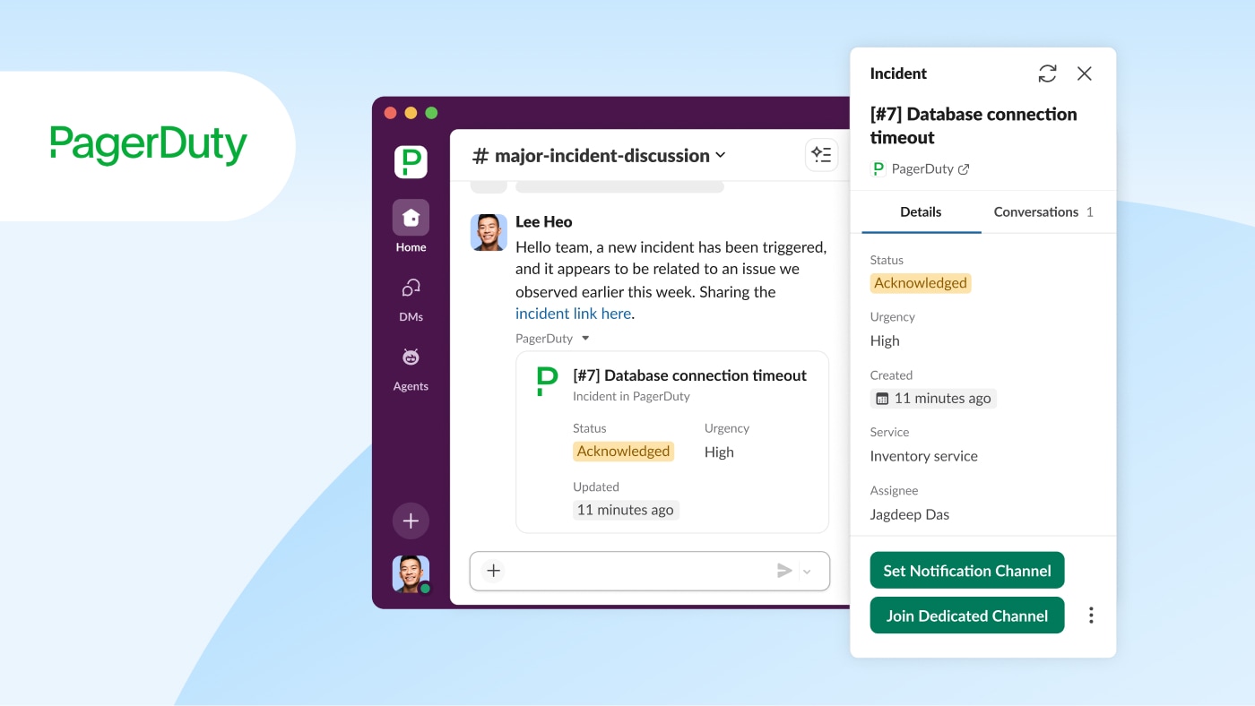 Image of the Slack user interface showing the PagerDuty work objects integration