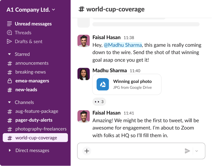 A Slack conversation in the world-cup-coverage channel where Carmen Vega shares a 'Winning Goal Photo' from Google Drive for social media engagement.